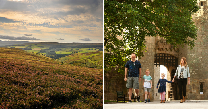 View of rolling hills in the Durham Dales and family walking outside Raby Castle gates.